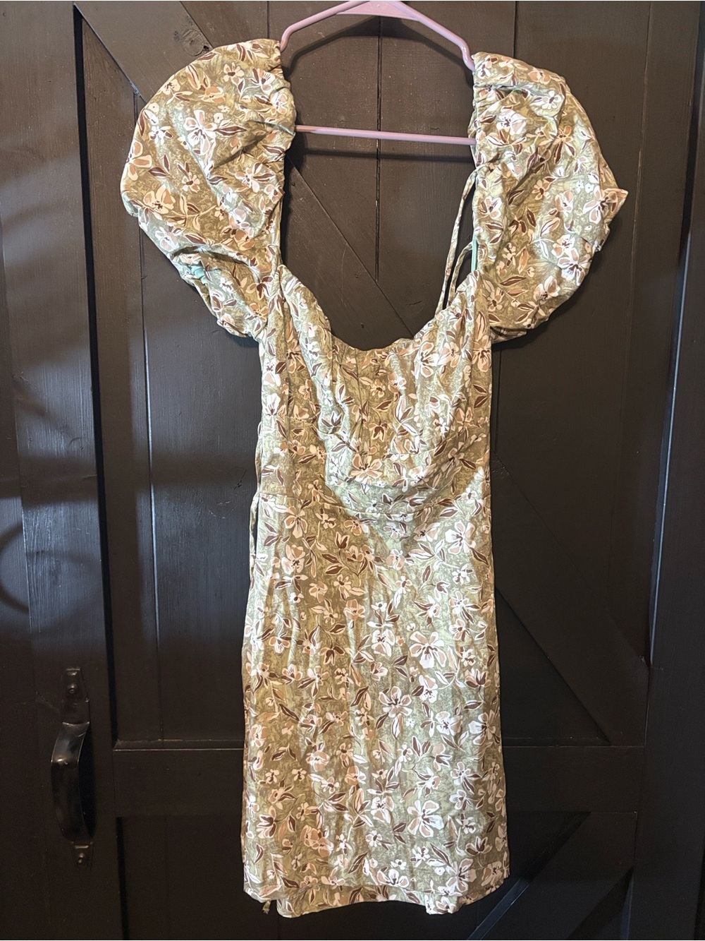 Ardene Olive Green Floral Puff-Sleeve Mini Dress with Cowl Neck
